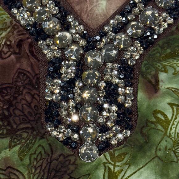 Y2K Sami Jo Womens Blouse Medium Green Brown Velvet Burnout Crystals Fairygrunge - Picture 4 of 10